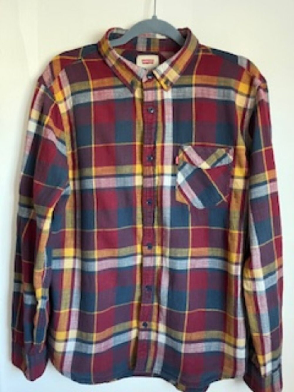 🧡3/15 Levi's Plaid Long Sleeve Red Blue Yellow Shirt Men's L